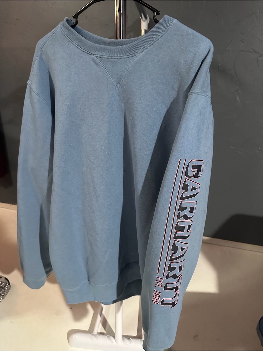 Carhartt Men’s Crewneck Sweatshirt in Dusty Blue with Sleeve Logo